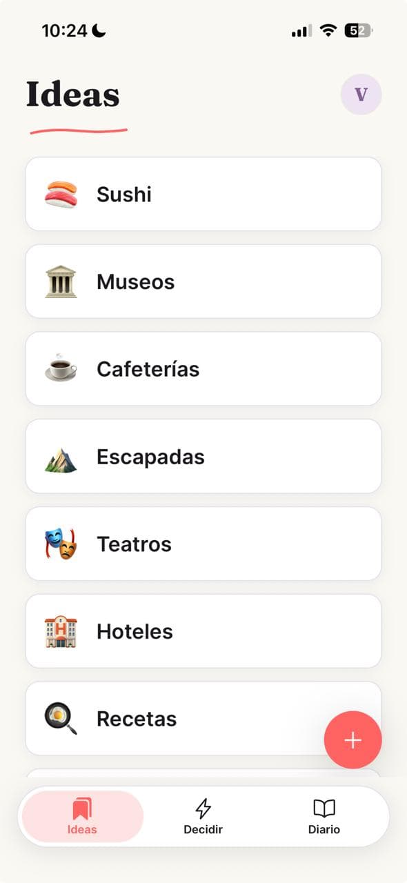 Pantalla de la app Deits mostrando categorías de ideas de citas.