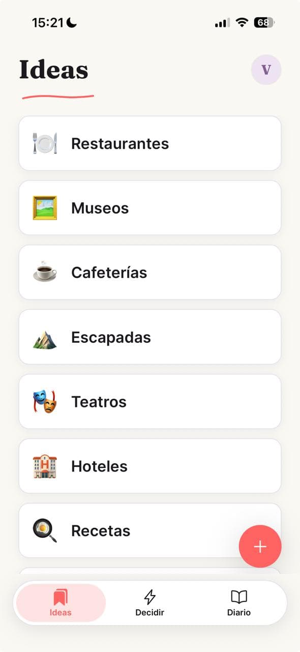 Pantalla de la app Deits mostrando categorías de ideas de citas.